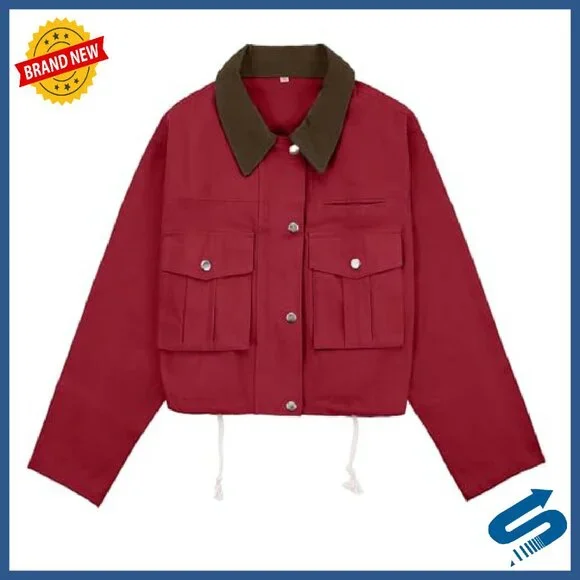 Women's Cropped Utility Jacket 100% Cotton Button Front Casual Barn Coat